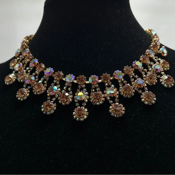Kramer, Stunning Vintage Amber AB Rhinestone Necklace & Earrings Set, Clips